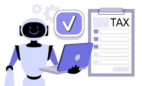 AI Robot with Tax Form and Laptop
