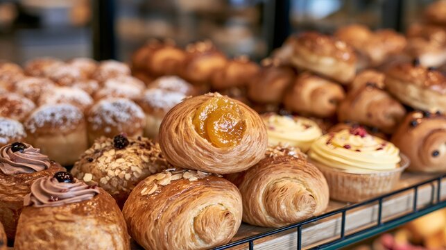 Assortment of fresh pastries and desserts in bakery display