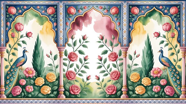 Illustration of a mughal garden with peacocks, parrots, plants, and trees, featuring a botanical landscape pattern. Mughal Garden. Illustration