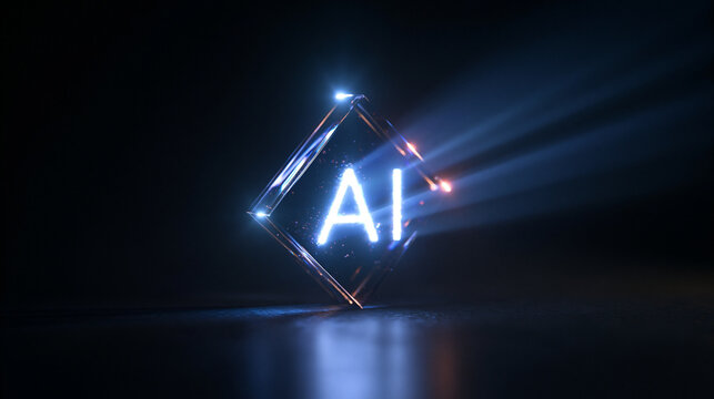 Glowing AI Text in Glass Cube on Dark Surface