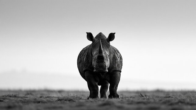 Rhinoceros Standing in African Savannah in Black and White