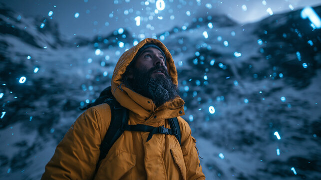 Explorer Looking Up at Glowing Binary Code in Snowy Mountains