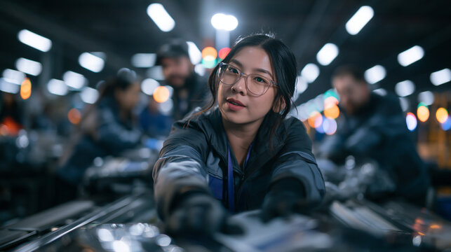 Asian Female Industrial Worker at Factory Assembly Line