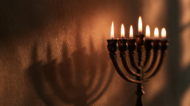 Seven-Branched Menorah with Burning Candles Casting Shadows