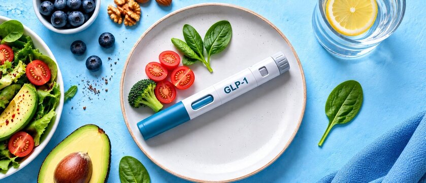 .GLP-1 weight loss injection pen on a plate with healthy fresh food, vegetables and salad. Medical diet, obesity treatment and diabetes management concept. Top view flat lay banner with copy space