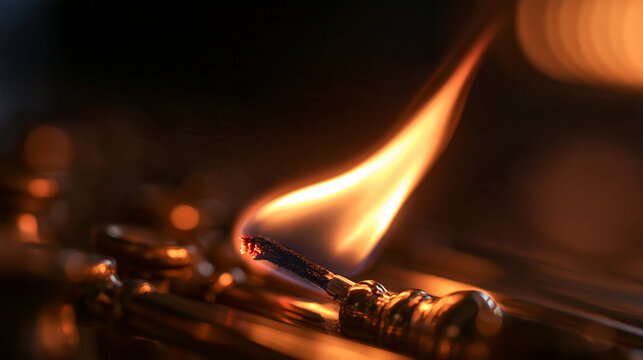 Burning Flame on Vintage Brass Lamp Wick Close-Up
