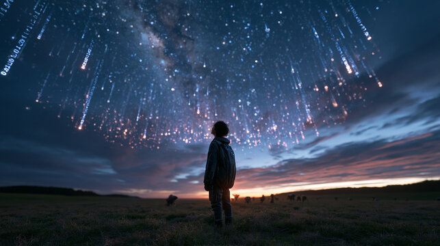 Person Looking at Digital Data Rain and Starry Sky