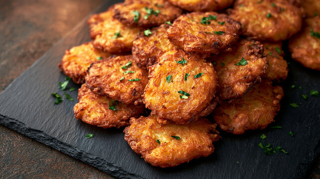 Crispy Potato Pancakes or Latkes on Dark Platter