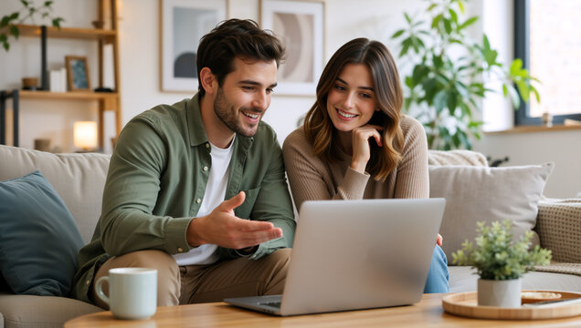 Young couple looking at laptop screen on sofa in cozy living room. Happy man and woman browsing online at home. Technology and leisure concept