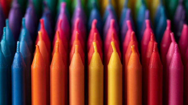 Colorful Wax Candles Arranged in Rows Close-Up