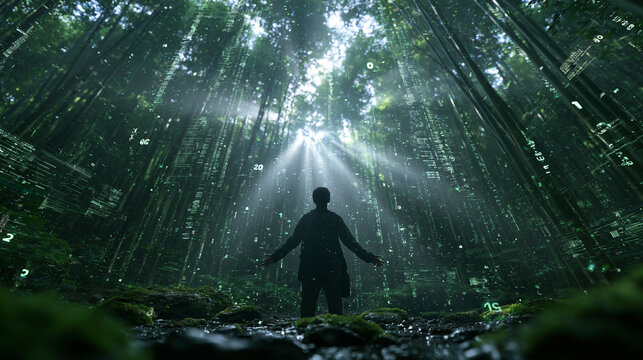 Silhouette in Forest with Falling Digital Matrix Code