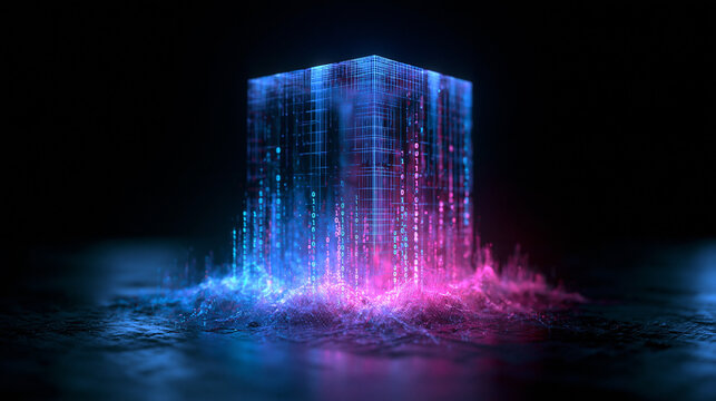 Futuristic Glowing Digital Data Cube with Binary Code