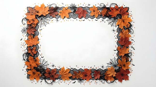 Autumn frame made of fall leaves, black lace, spider webs, and small bat decorations isolated on white background