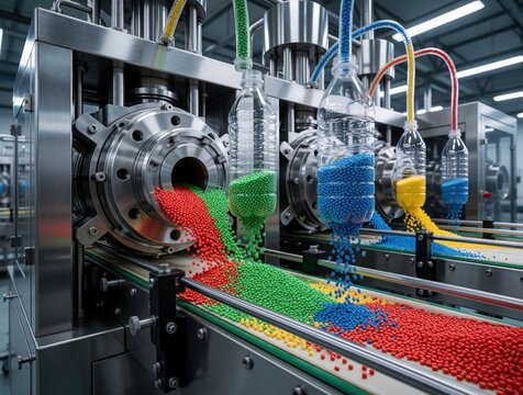 Colorful plastic pellets pour into machine to form bottles. Automated factory line fills containers with materials for packaging beverage products. Modern industrial manufacturing.