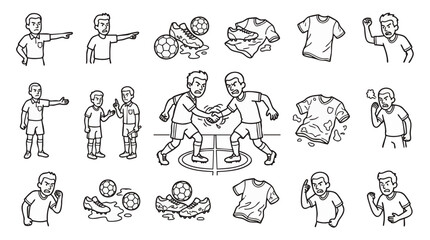 Fototapeta premium Vibrant stylized line drawing collection of diverse human activities and emotions, concept for educational materials, app icons, and social media graphics