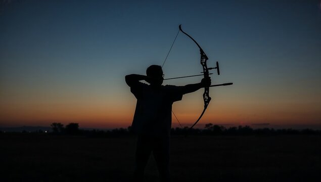 Silhouette of an archer aiming a bow and arrow during a beautiful golden hour sunset