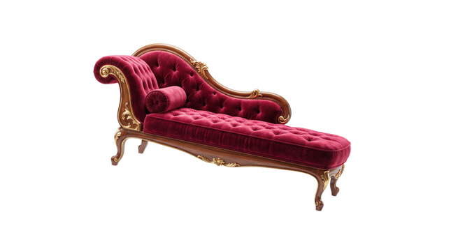 Vintage red velvet chaise longue with gold wood frame. Antique Victorian style daybed sofa. Elegant tufted lounge chair for luxury interior. isolated PNG with Transparent Background