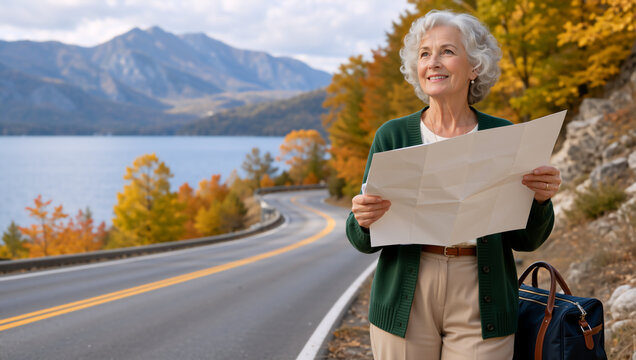 Senior woman holding a map on a scenic autumn road trip. Active retired female traveler standing by a lake with mountain background