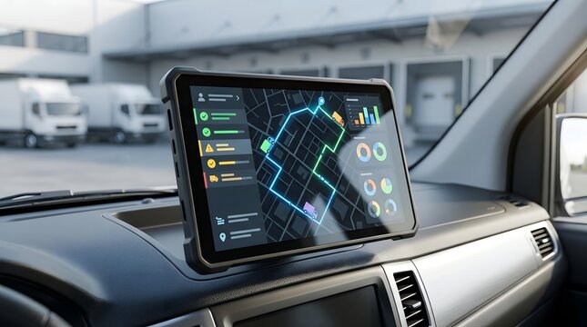 Tablet mounted on a delivery van dashboard displaying a digital gps navigation map, route tracking data, and logistics interface software