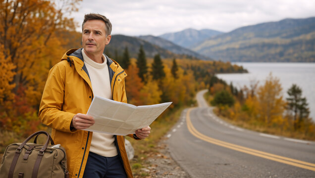 Man in yellow raincoat holding map on autumn road trip. Male traveler navigating scenic highway route with lake and mountains background