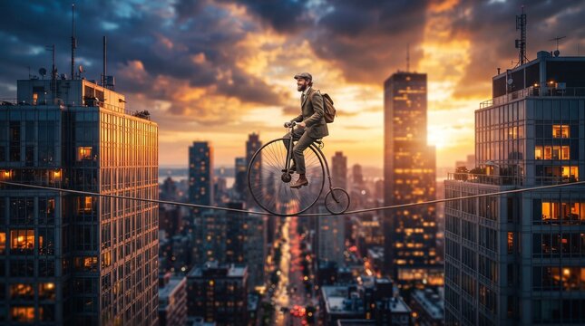 Man riding a penny-farthing bicycle on a tightrope high above city skyline