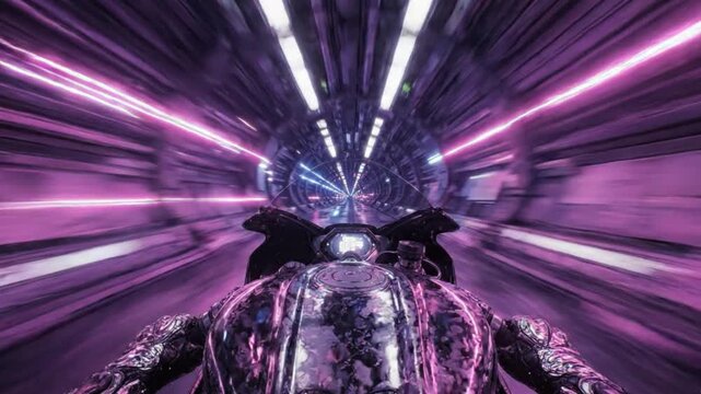 Futuristic motorcycle speeding through glowing neon tunnel creating dynamic motion lines for an immersive high speed digital animation action video