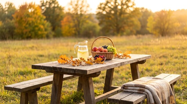 Autumn Picnic Scene on Wooden Table with Fruit Basket, Lemonade Pitcher, and Warm Blanket in Sunny Meadow