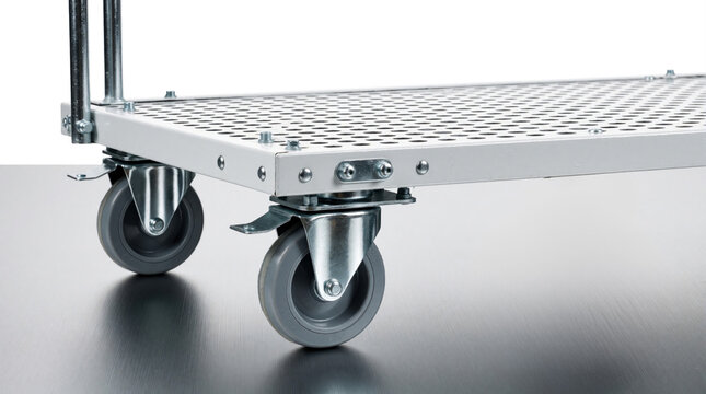 Metal industrial cart with mesh platform and swivel wheels rests on dark surface against white backdrop. This rolling trolley aids in material transport and storage needs.