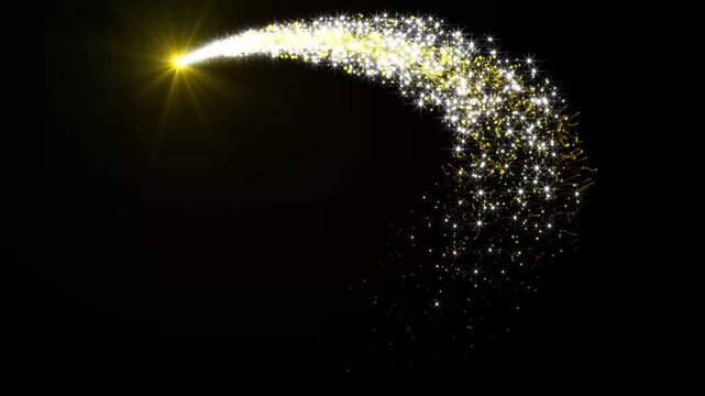 Luxury golden glitter star trail animation with twinkling sparkle particles, magical fairy dust flow, glowing light sparks and elegant comet tail transition on black background. 4K