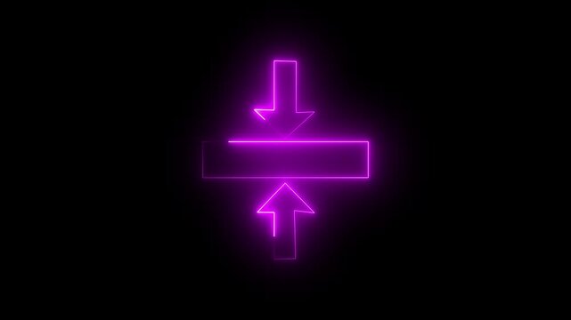 Glowing neon arrows indicate download or compression symbol on black background. 4k vedio