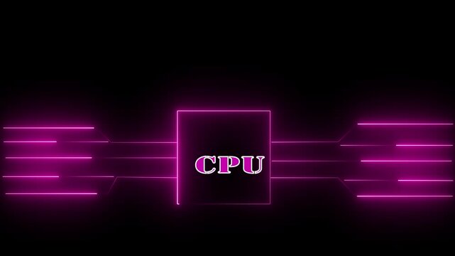Animated cpu circuit neon animation. Processor chip animated icon glow effect.representing the power of technology.