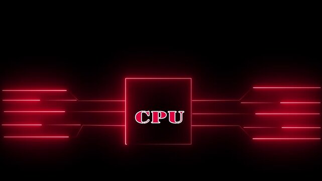 Animated cpu circuit neon animation. Processor chip animated icon glow effect.representing the power of technology.