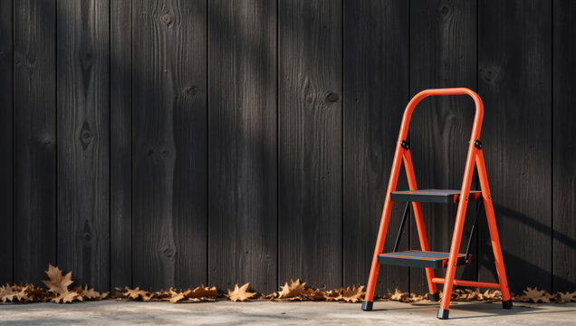 Orange step ladder against a dark wooden wall. Small folding stepladder on concrete floor with autumn leaves. Home improvement and maintenance concept