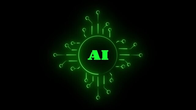 Modern animated AI technology icon featuring circuit board lines and processor node connections on a black background, perfect for artificial intelligence and tech videos