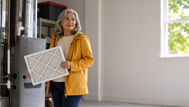 Mature woman holding clean HVAC air filter next to furnace. Senior female homeowner preparing heating system in basement. Home maintenance concept