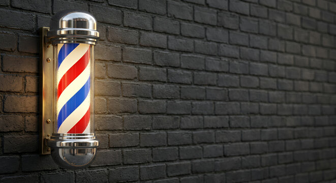 Vintage barbershop pole with red and blue stripes on brick wall  