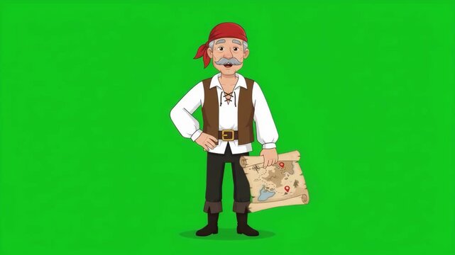 Cartoon pirate character holding a treasure map on a green screen background, ready for adventure and discovery.