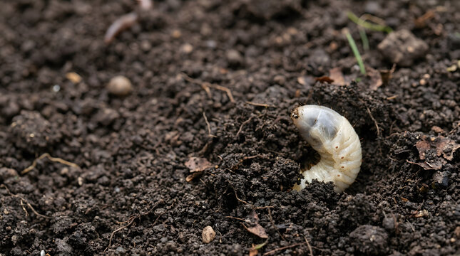 Close-up of a white grub in dark, rich soil outdoors