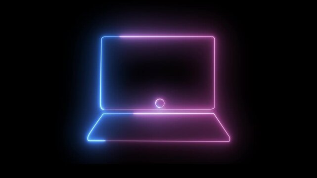 Abstract computer graphic animation with glowing red neon lines outlining laptop silhouette against dark background, dynamic, tech-inspired, digital art