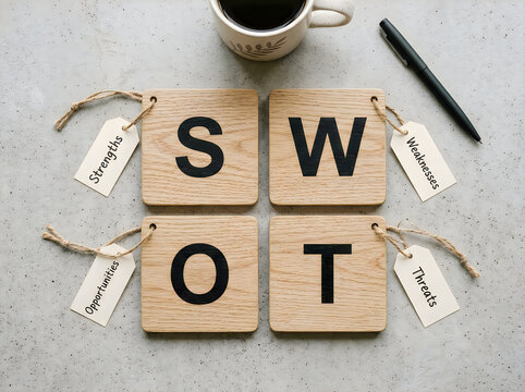 Swot analysis concept with wooden tiles and labels on a concrete background