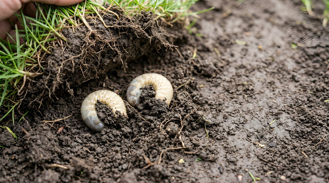 Close-up of two white grubs in soil under grass turf