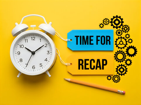 Time for recap concept with a white alarm clock, colorful paper tags, and a pencil on a yellow background with gear illustrations