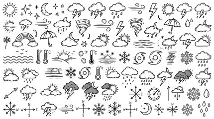 Obraz premium Weather icon set with sun clouds rain snow and wind sketch