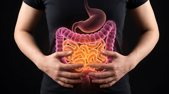 Stomach ache or digestive health concept with anatomical human organs glowing