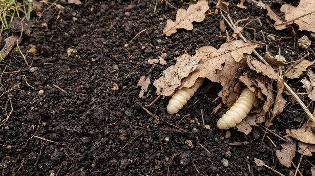 Close-up of grubs under dry leaves on rich soil