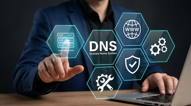 Businessman interacting with digital DNS network and server hologram interface