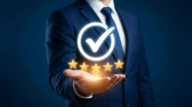 Businessman holding glowing checkmark and five stars for quality assurance