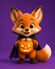 Fototapeta premium Cute 3D Baby Fox in Vampire Cape Holding Glowing Halloween Pumpkin