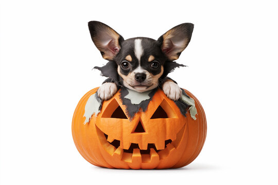 Chihuahua puppy wearing tattered zombie collar inside carved pumpkin