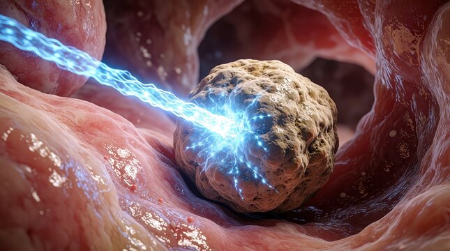 Laser lithotripsy procedure breaks kidney stone inside human ureter. Medical laser beam hits calcified stone to fragment for easy removal. Close up 3D illustration shows urology surgery treatment for